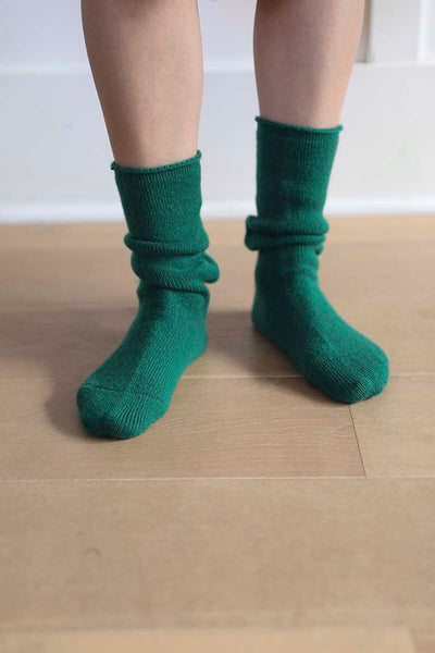 Long emerald green cashmere socks ethically made in Zhangjiagang from Mongolian cashmere for Joyride Supply