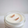 Wood wick detail shot in the Tangerine Sunshine candle by Pantry Products