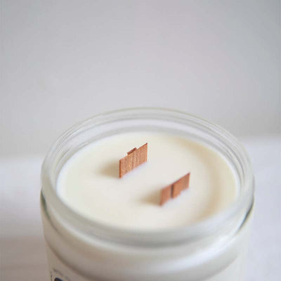 Wood wick detail shot in the Tangerine Sunshine candle by Pantry Products