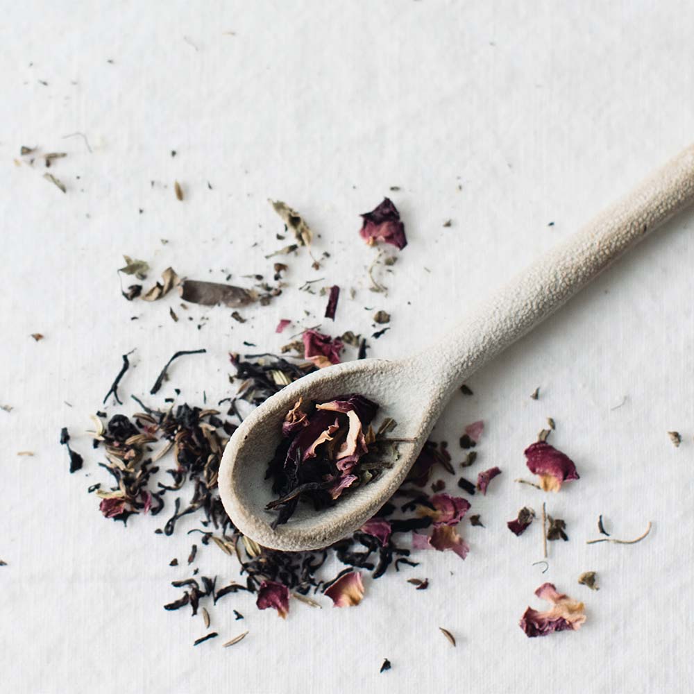 Aesthete Tea love potion blend contains organic Assam black tea, organic rose, organic caraway and organic fennel ethically made in Oregon
