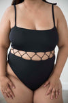 Close up details of The Miami One Piece designed by Alexa McNeal shown here on a size XL model
