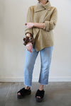 Bennetton Cowl Neck Sweater in Camel. Asymmetrical front drape and long sleeves.