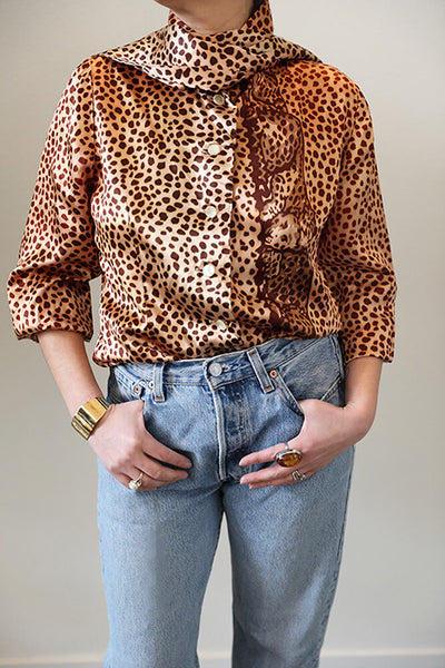 Vintage 70's Leopard Print Jabow Sateen Blouse. Mindfully sourced in Seattle, Washington for Cura Found.