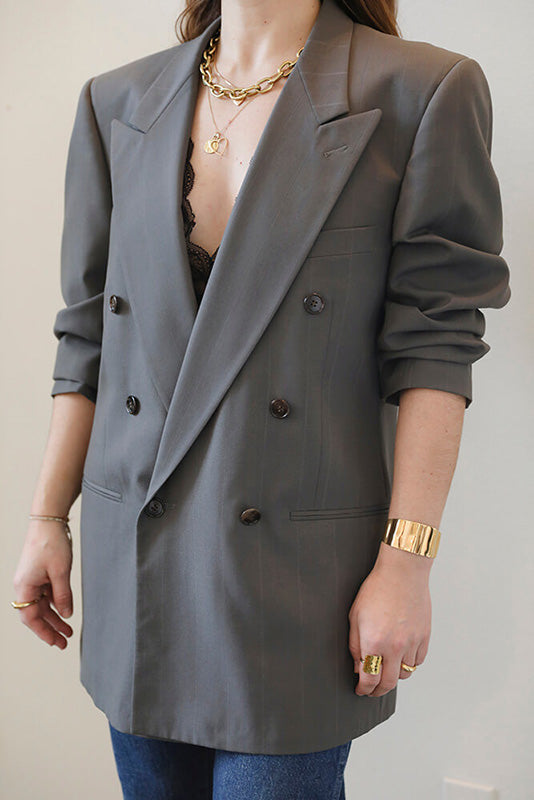 Cura Found - Vintage 90s Double Breasted Oversized Blazer Grey