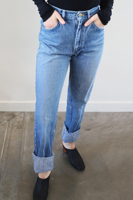 Rare made in the USA. 80's high waisted perfectly broken-in and generously pre-worn Vintage Lee denim.  