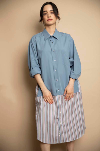 Reimagined Boyfriend Shirtdress ethically made in Seattle from upcycled mens shirts.