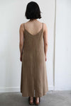 Back view of the dress with a v neck scoop, and small slit towards the bottom