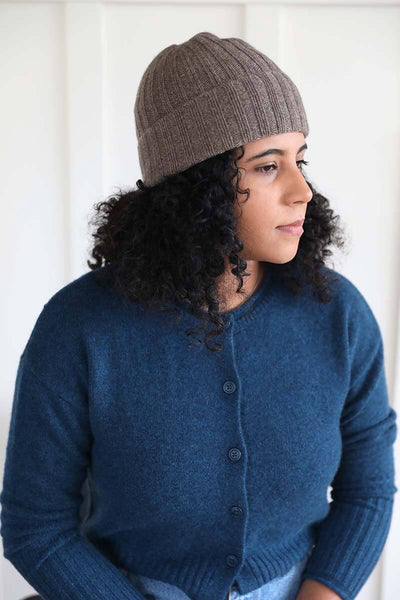 100% Mongolian Cashmere ribbed beanie in a light brown ethically made in Zhangjiagang