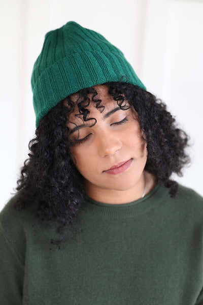 Sarah wears the Cashmere green ribbed beanie by Joyride SupplyEthically made in Zhangjiagang from 100% Mongolian cashmere