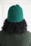 Back view of the beanie. Ribbed design. Shown here cuffed for a more fitted feel. Ethically made from Mongolian cashmere.