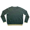 Joyride Supply Jayne Cashmere Crewneck in green. Round neckline, long sleeves, contrast detail of yellow trim.