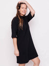 Mata Traders Eve Dress in black features a mock neck, loose sleeves and shift dress silhouette. Fair trade made in India.