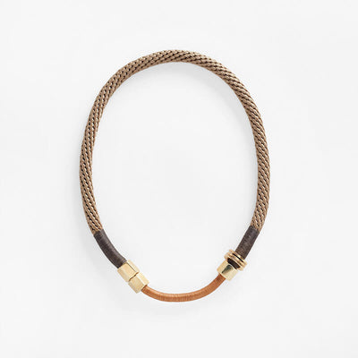 Pichulik Laetitia Necklace in biege, fern, camel. Handmade from thin rope assembled with brass caps and embellished with wax cord. Ethically made in Cape Town South Africa.