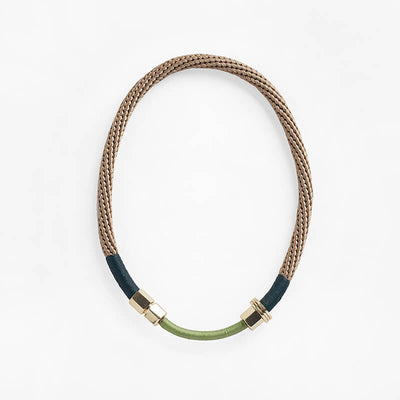 Pichulik Laetitia Necklace in beige, fern, camel. Handmade from thin rope assembled with brass caps and embellished with wax cord. Ethically made in Cape Town South Africa.