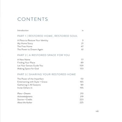 Contents page of Restoration House book by Kenosha Bucks