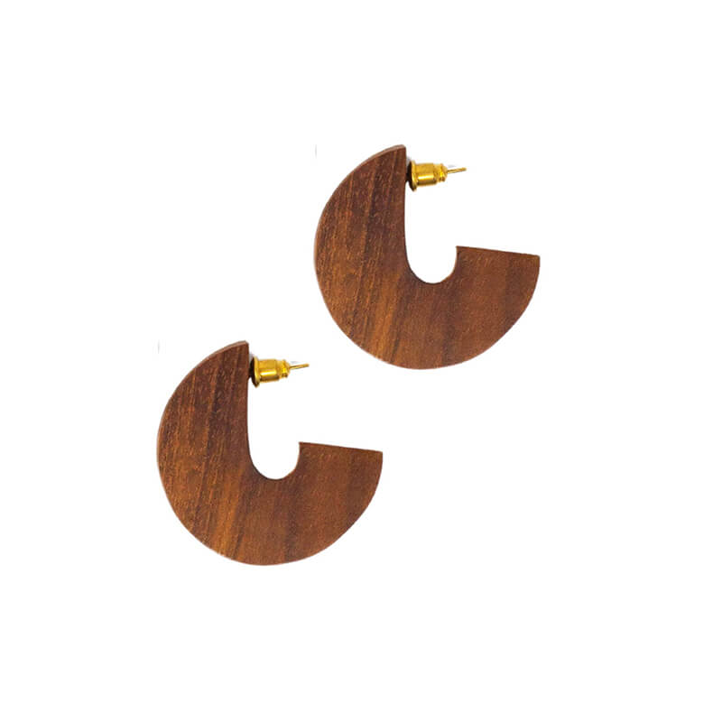 Circular wood disc earrings ethically handcrafted from teak wood for Rover & Kin