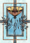 Hope fine art print by Marsha Robinson of Strange Dirt. Centerpiece is a blossoming flower with roots, against a blue background. Copper frames around the flower.