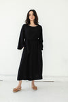 Tomoko Bell sleeve midi dress in black. Ethically made in Cambodia