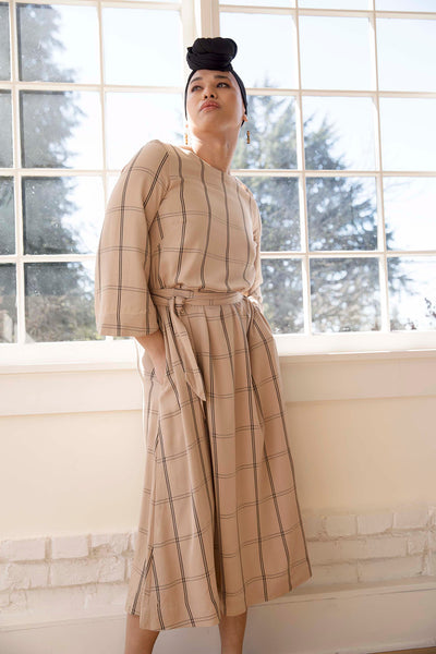 Tomoko Bell sleeve midi dress in Hanae plaid. Ethically made in Cambodia