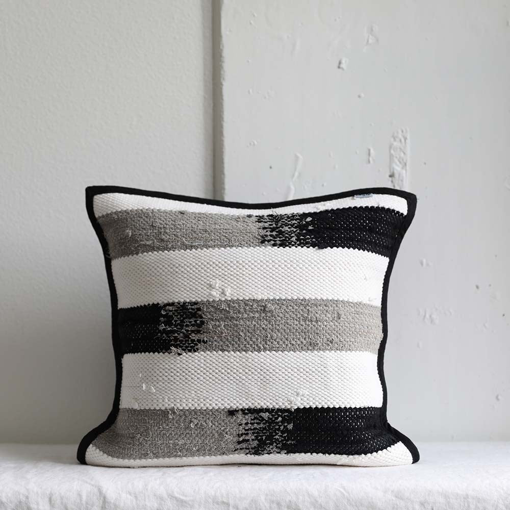 Handwoven black grey and khaki blend stripe pillowcase ethically made by Tonlé in Cambodia.